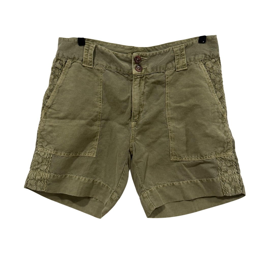Sundance Olive Green Linen Blend Crochet Lace Trim Patch Pocket Shorts SP219